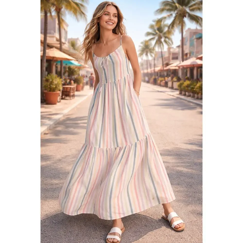 Old Navy Striped Tiered Maxi Swing Sundress Size Large Pockets Multicolor - Picture 1 of 13